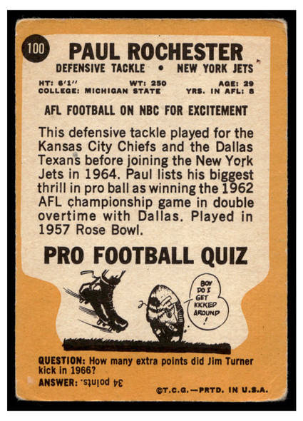 1967 Topps Football Paul Rochester #100 Good back of card