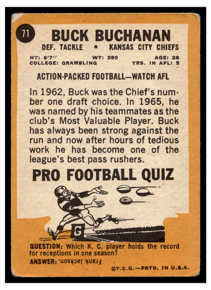 1967 Topps Football Buck Buchanan #71 VG back of card