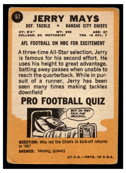 1967 Topps Football Jerry Mays #67 Low Grade - Creases back of card