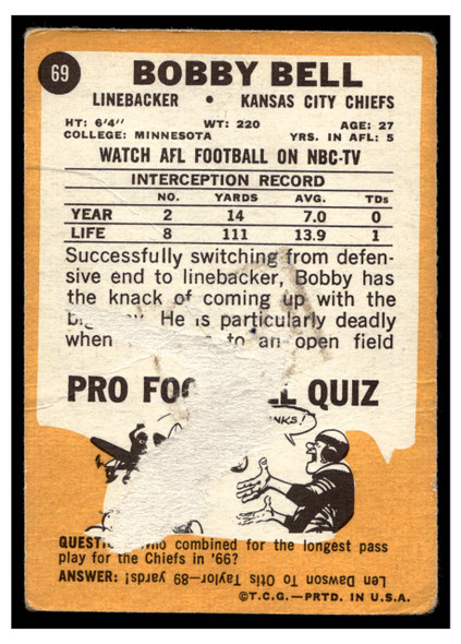 1967 Topps Football Bobby Bell #69 Poor back of card