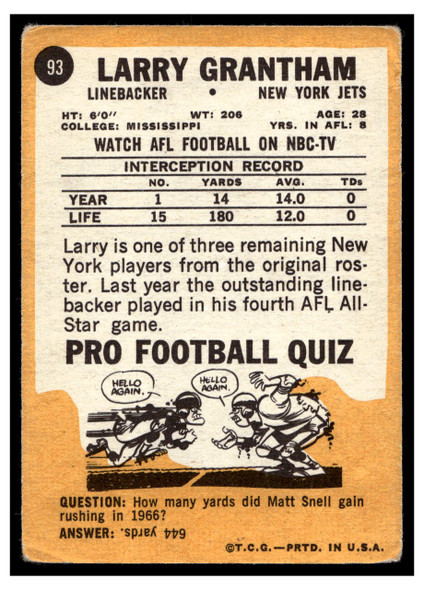 1967 Topps Football Larry Grantham #93 VG back of card
