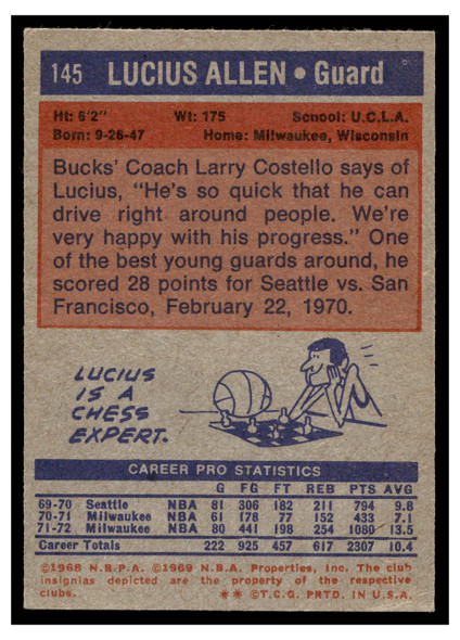 1972-73 Topps Basketball Lucius Allen #145 VG-EX back of card