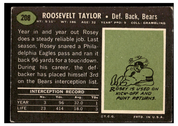 1969 Topps Football Rosey Taylor #208 Low Grade - Creases back of card