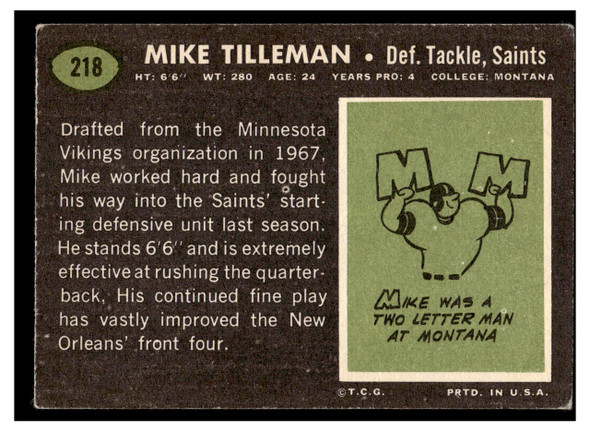 1969 Topps Football Mike Tilleman #218 VG back of card
