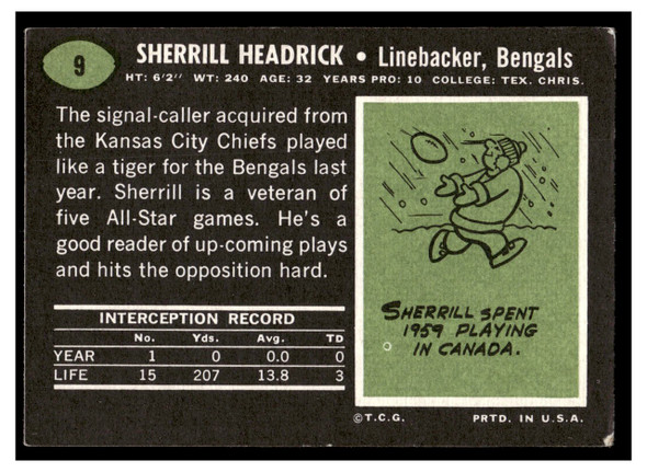 1969 Topps Football Sherrill Headrick #9 Good back of card