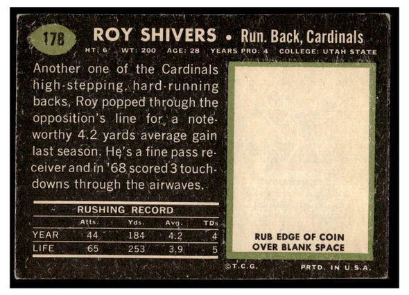 1969 Topps Football Roy Shivers #178 Low Grade — Example A back of card