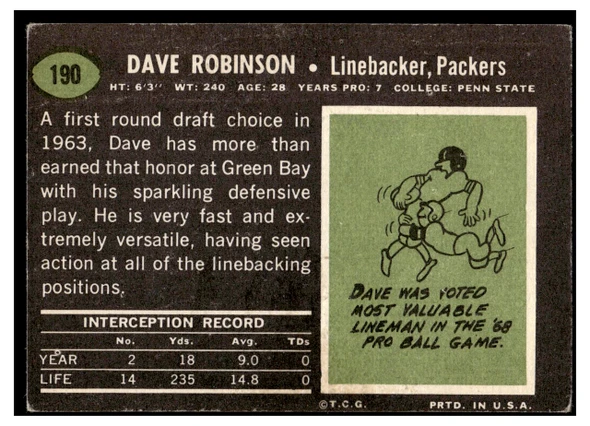 1969 Topps Football Dave Robinson #190 VG back of card
