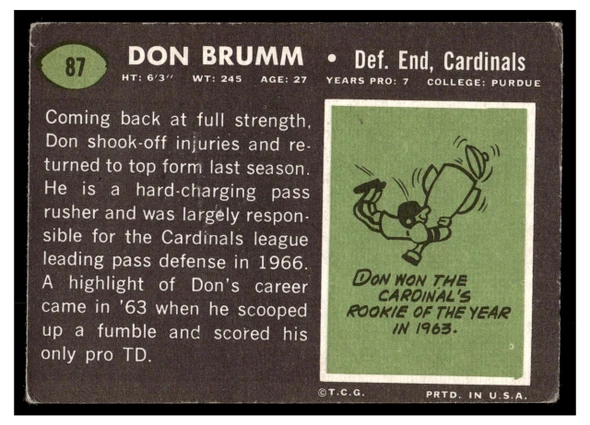 1969 Topps Football Don Brumm #87 Low Grade - Creases back of card