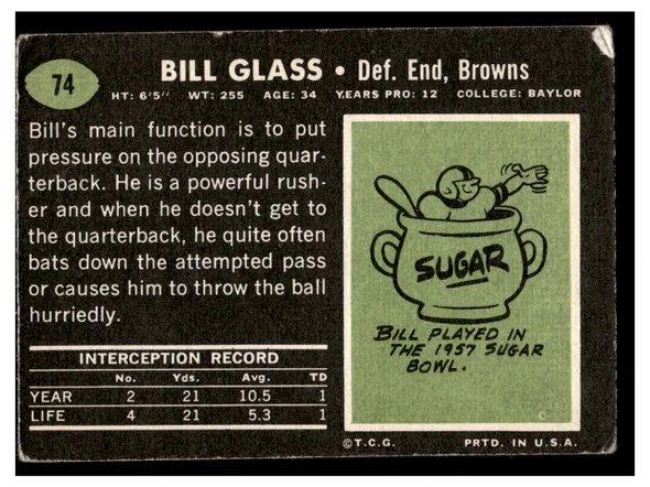 1969 Topps Football Bill Glass #74 Low Grade - Creases back of card