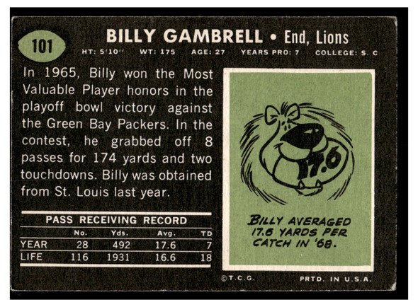 1969 Topps Football Billy Gambrell #101 Low Grade back of card