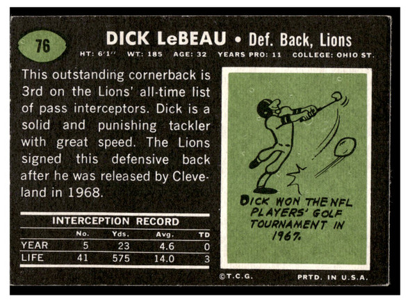 1969 Topps Football Dick LeBeau #76 VG back of card
