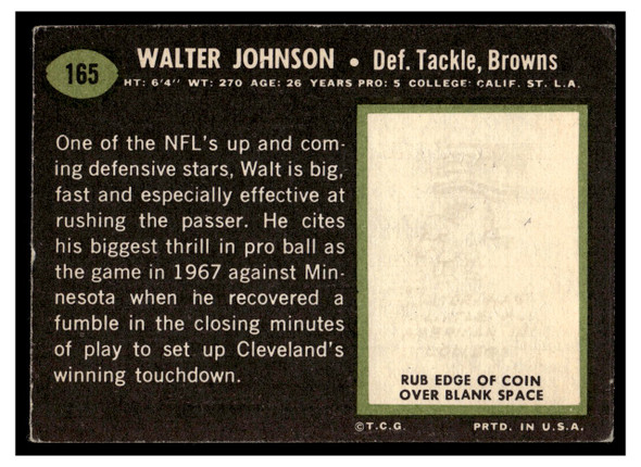 1969 Topps Football Walter Johnson #165 Low Grade — Example A back of card