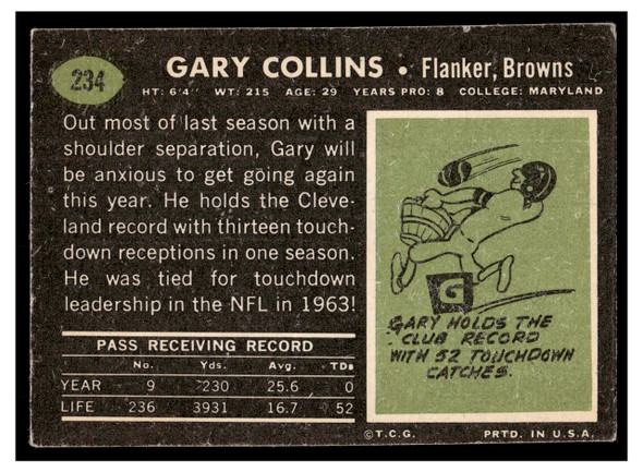 1969 Topps Football Gary Collins #234 Low Grade back of card