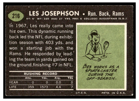 1969 Topps Football Les Josephson #216 Low Grade back of card