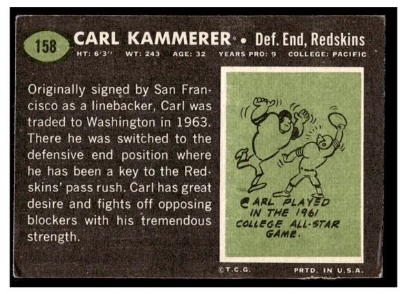 1969 Topps Football Carl Kammerer #158 VG — Example B back of card