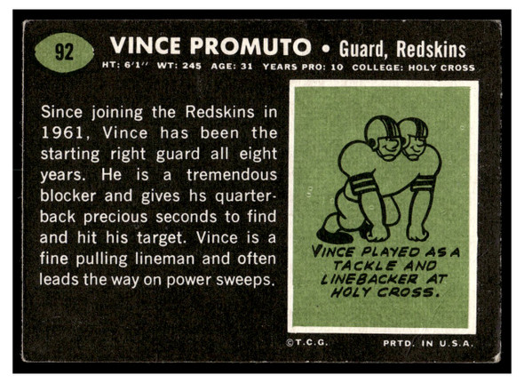 1969 Topps Football Vince Promuto #92 VG back of card