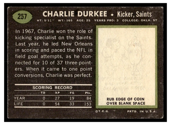 1969 Topps Football Charlie Durkee #257 Low Grade back of card