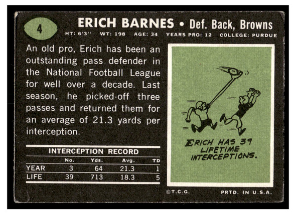 1969 Topps Football Erich Barnes #4 Low Grade back of card