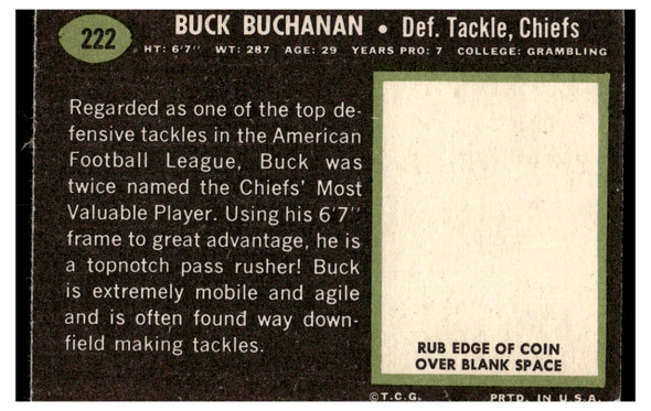 1969 Topps Football Buck Buchanan #222 Low Grade back of card