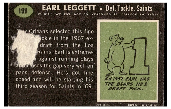 1969 Topps Football Earl Leggett #196 Poor back of card