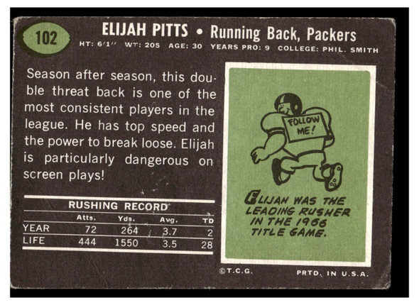 1969 Topps Football Elijah Pitts #102 Low Grade - Creases back of card