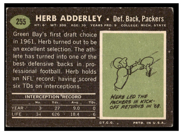 1969 Topps Football Herb Adderley #255 Low Grade back of card