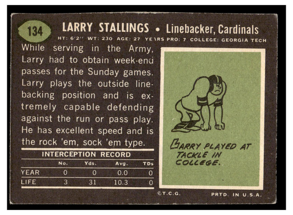 1969 Topps Football Larry Stallings #134 Low Grade — Example B back of card