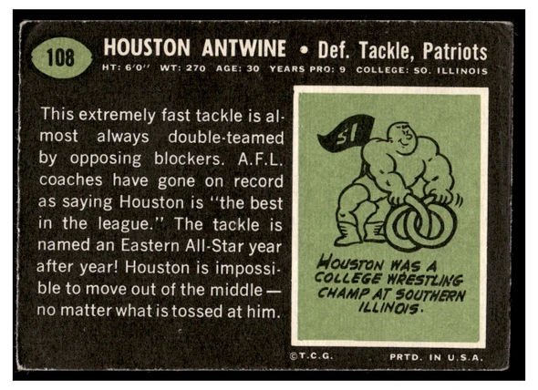 1969 Topps Football Houston Antwine #108 Low Grade back of card