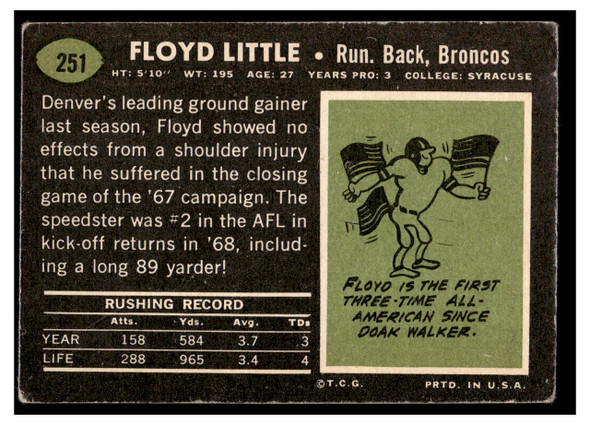 1969 Topps Football Floyd Little #251 Low Grade back of card