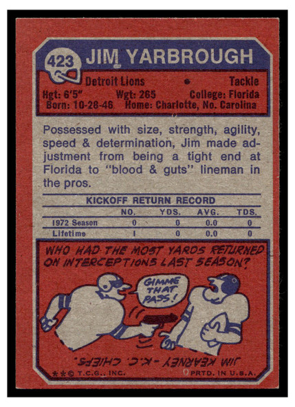 1973 Topps Football Jim Yarbrough #423 Low Grade back of card