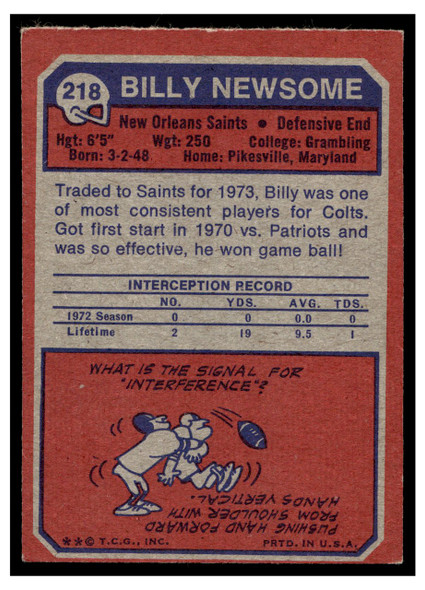 1973 Topps Football Billy Newsome #218 Low Grade back of card