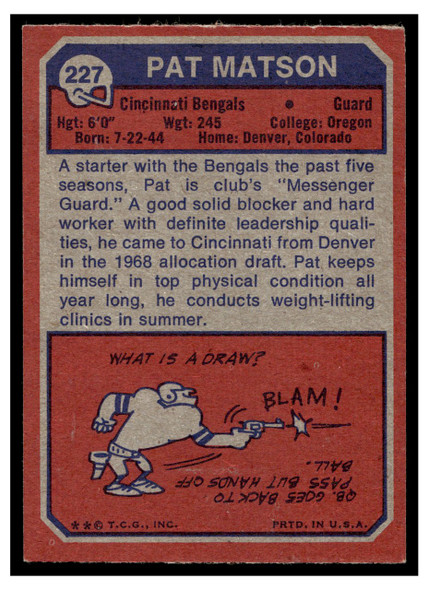 1973 Topps Football Pat Matson #227 Low Grade back of card
