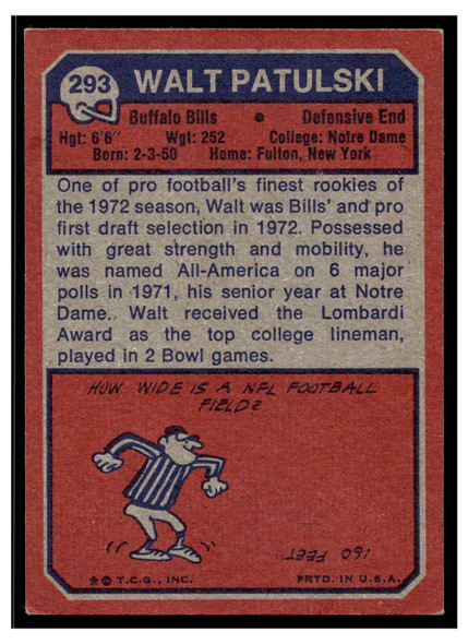 1973 Topps Football Walt Patulski #293 Low Grade back of card