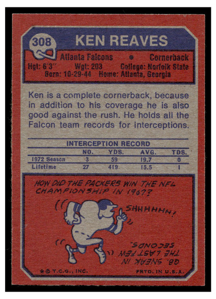 1973 Topps Football Ken Reaves #308 Low Grade back of card
