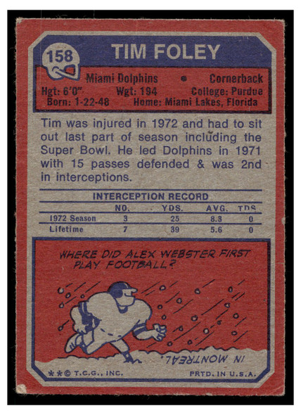 1973 Topps Football Tim Foley #158 Low Grade — Example A back of card