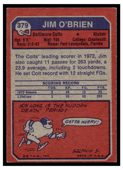 1973 Topps Football Jim O'Brien #379 Low Grade back of card