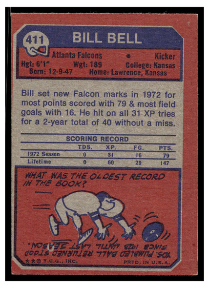 1973 Topps Football Bill Bell #411 Low Grade — Example B back of card