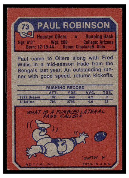 1973 Topps Football Paul Robinson #73 Low Grade back of card