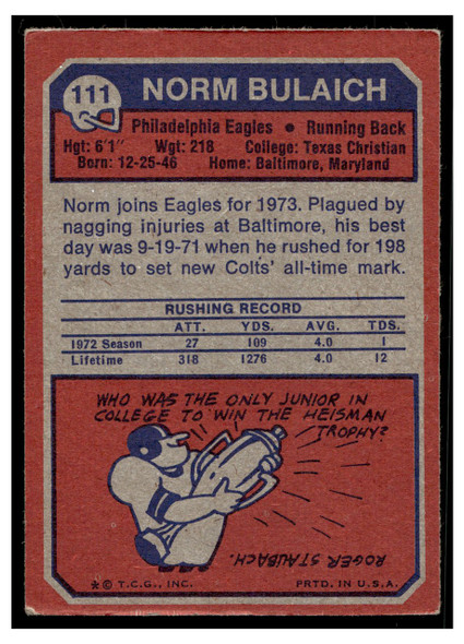 1973 Topps Football Norm Bulaich #111 Low Grade back of card