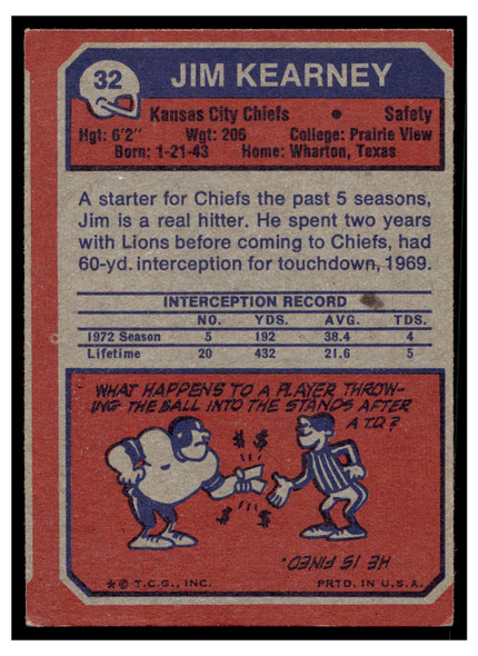 1973 Topps Football Jim Kearney #32 Low Grade — Example B back of card
