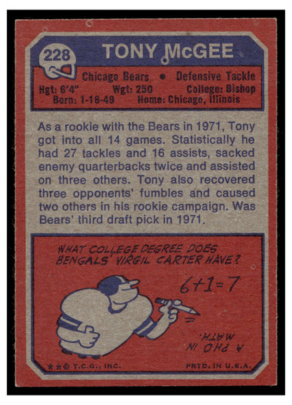 1973 Topps Football Tony McGee #228 Low Grade — Example A back of card