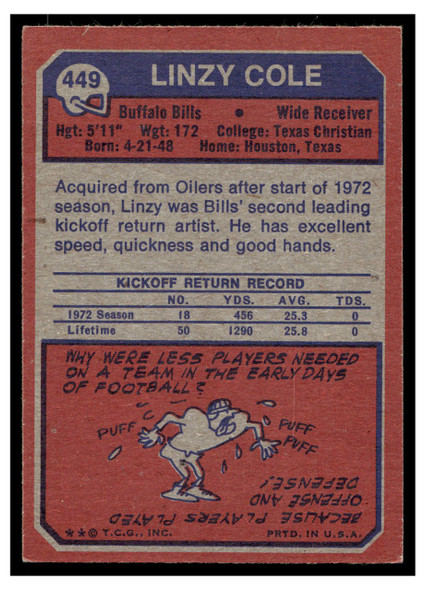 1973 Topps Football Linzy Cole #449 Low Grade — Example B back of card