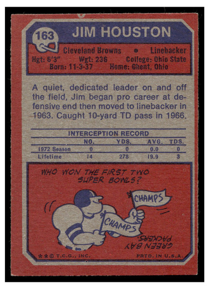 1973 Topps Football Jim Houston #163 Low Grade back of card