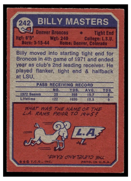 1973 Topps Football Billy Masters #242 Low Grade — Example B back of card
