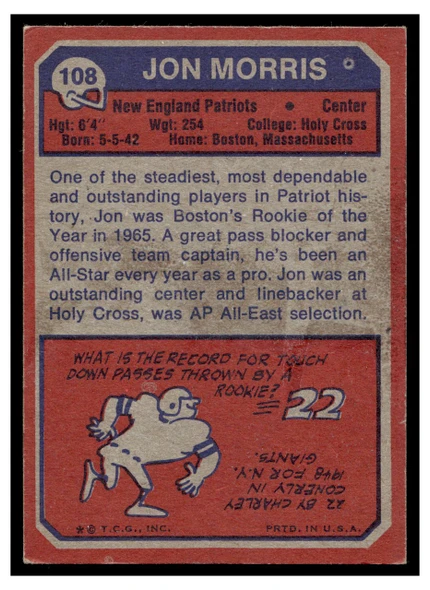 1973 Topps Football Jon Morris #108 Low Grade back of card