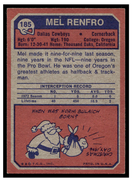1973 Topps Football Mel Renfro #185 Low Grade — Example B back of card