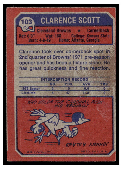 1973 Topps Football Clarence Scott #103 Low Grade — Example B back of card