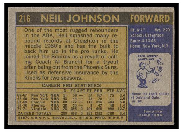 1971 Topps Basketball Neil Johnson #216 Low Grade back of card