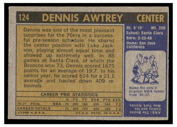 1971 Topps Basketball Dennis Awtrey #124 Low Grade back of card