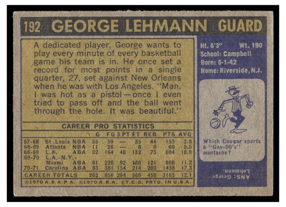 1971 Topps Basketball George Lehmann #192 Low Grade — Example A back of card